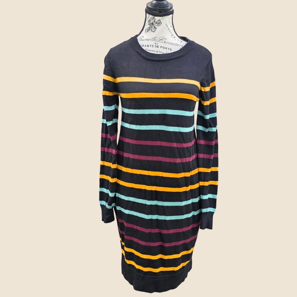 ModCloth Womens Striped Knit Casual Message Sweater Dress Black Yellow Blue Med